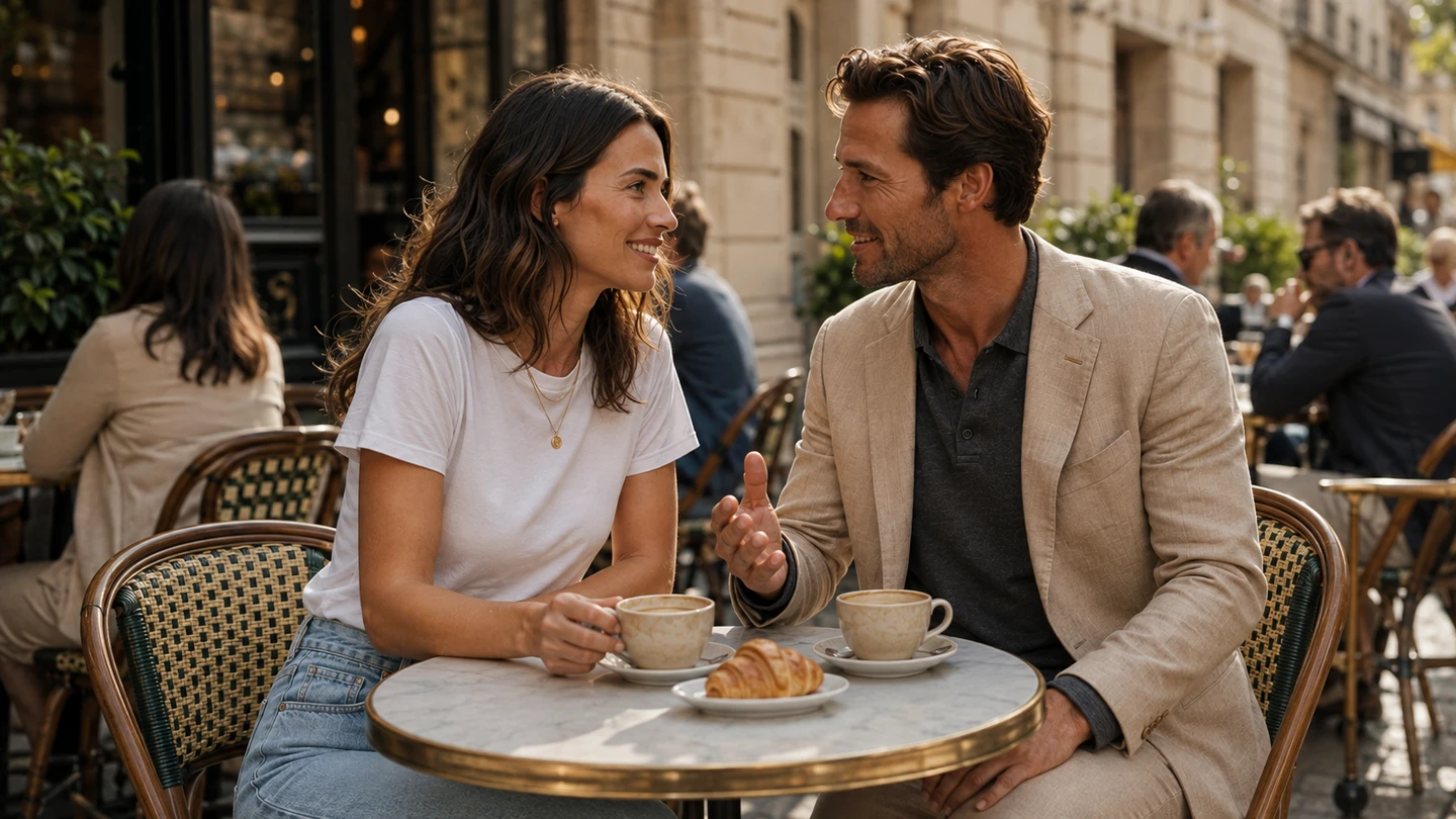 A couple talking over coffee at a Paris pavement café in the afternoon sun