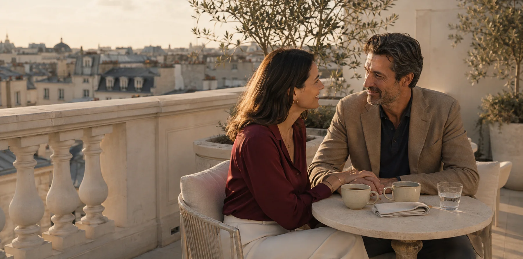 A couple standing together at a window, looking out over a city at sunset