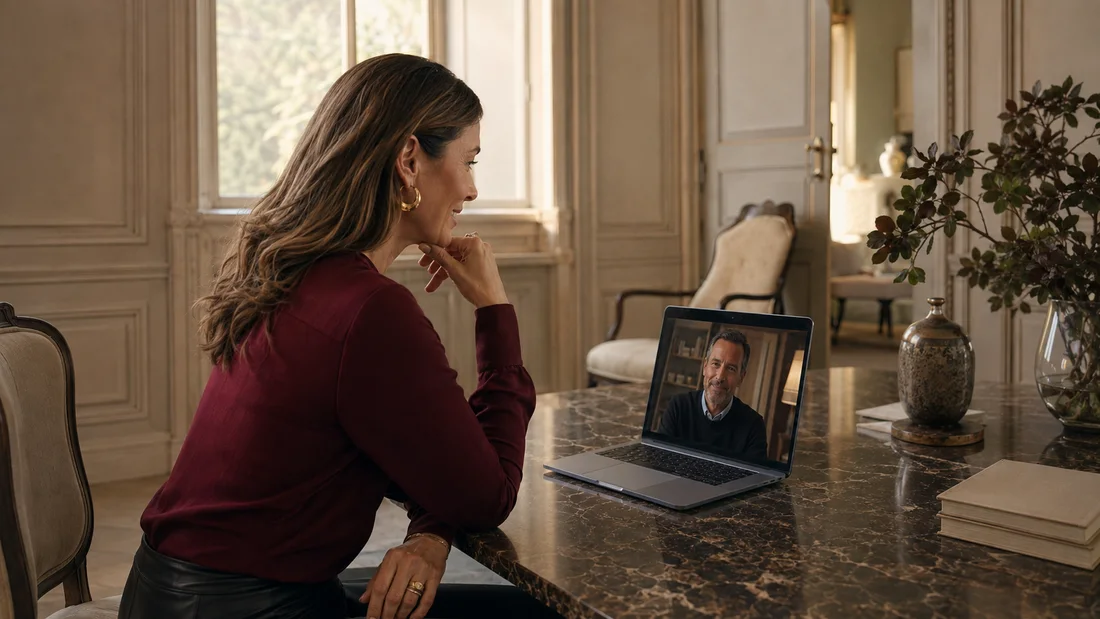 A woman at a marble table speaking with a man on a video call